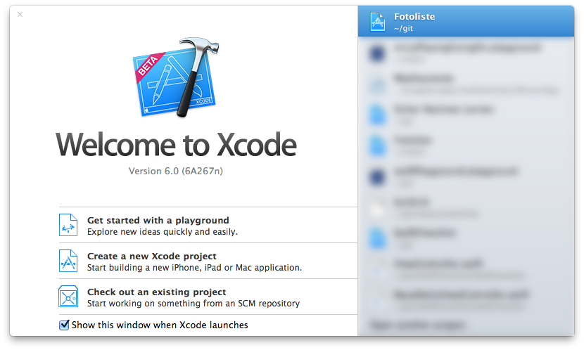XCode Startbildschirm